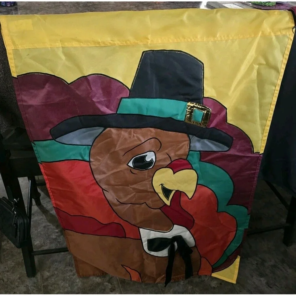Vtg 1999 Thanksgiving Pilgrim Turkey  Garden Flag 2 Sided 42